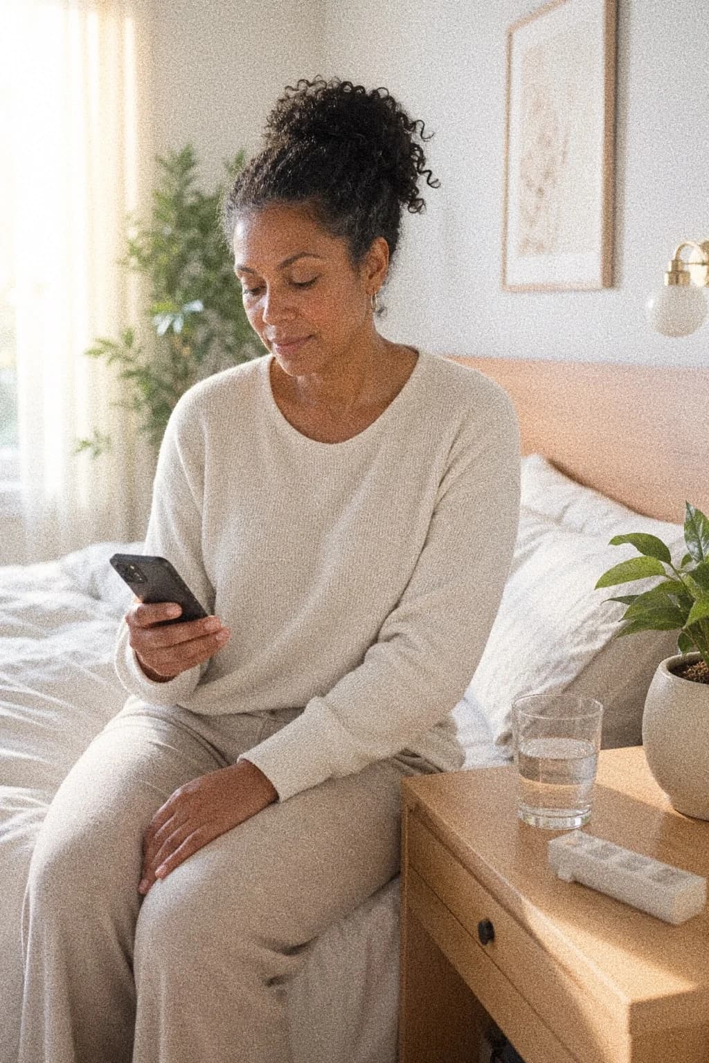 Person checking a phone from bed in soft morning light.