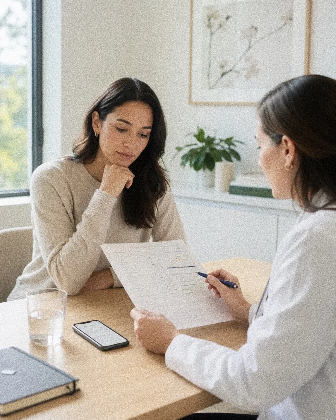 Patient and clinician reviewing lab results in a calm office.