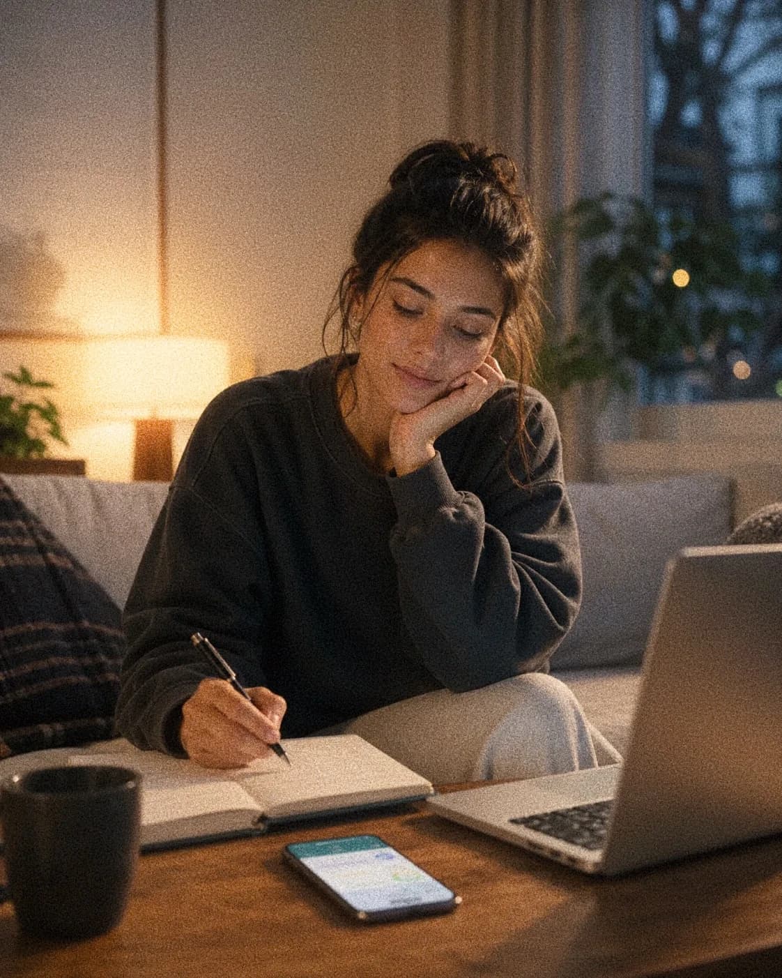 Person journaling at home with a phone nearby.