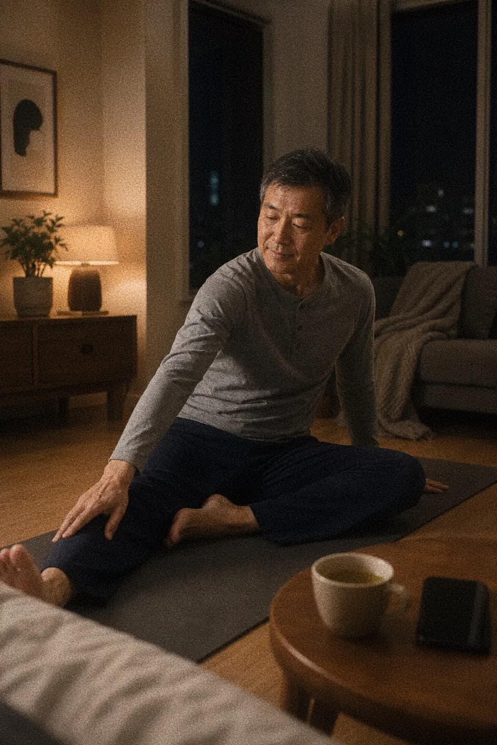 Person stretching gently at home before bed.