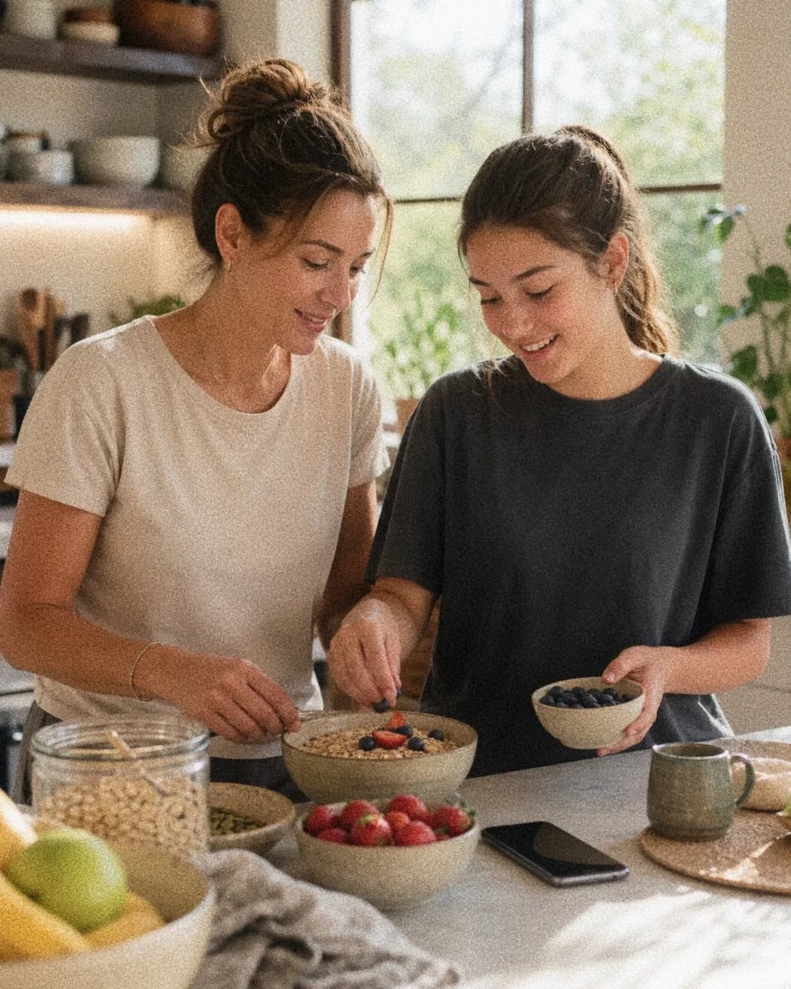 Parent and teenager preparing breakfast together in a sunny kitchen.