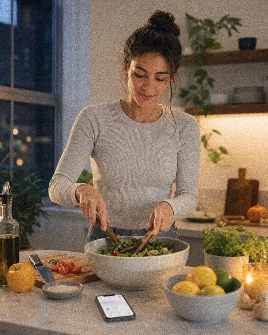 Person preparing a simple dinner with a phone on the counter.