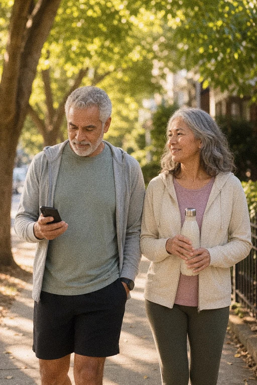 Older couple walking through a leafy neighborhood.