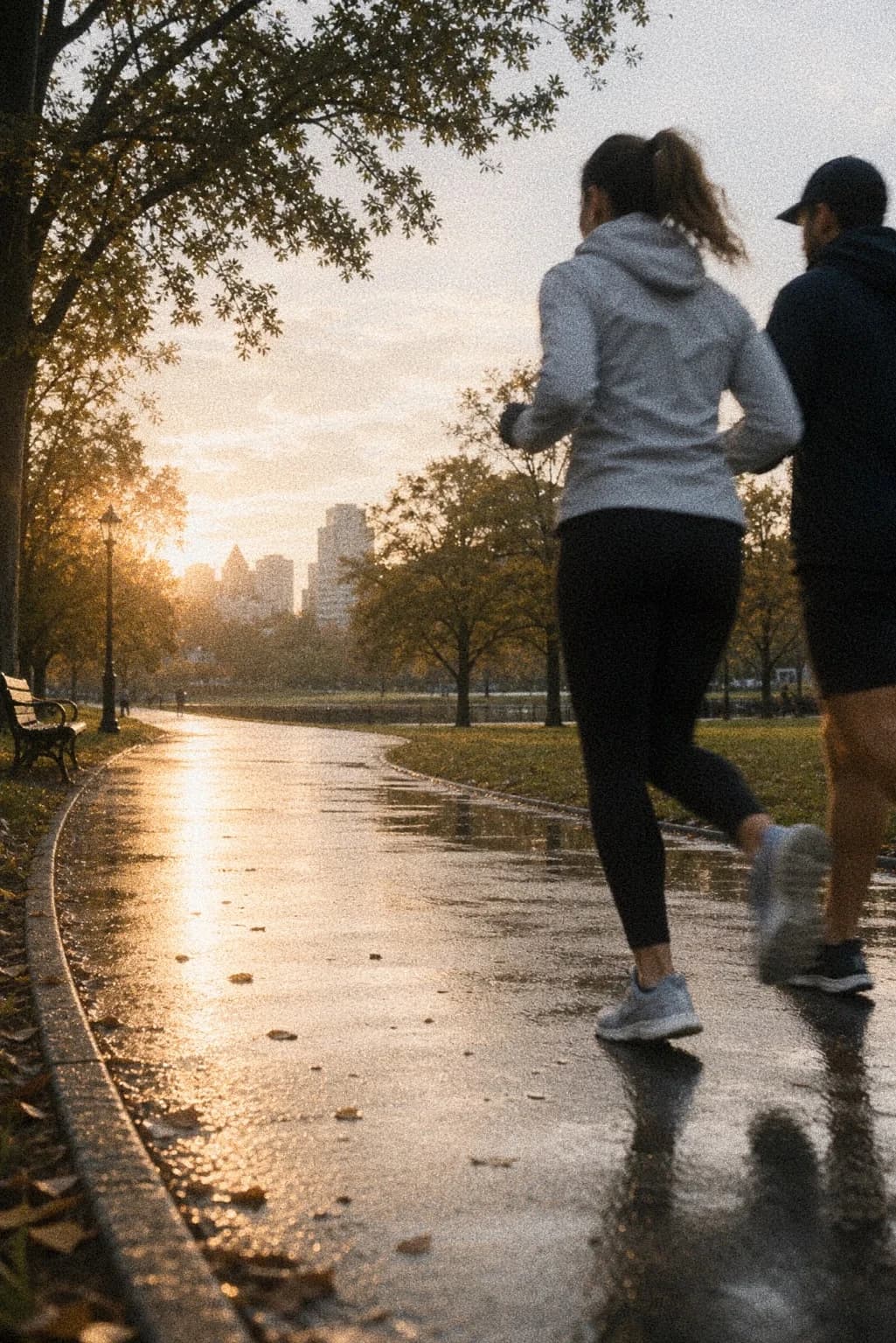 Joggers moving along a wet city park path at sunrise.