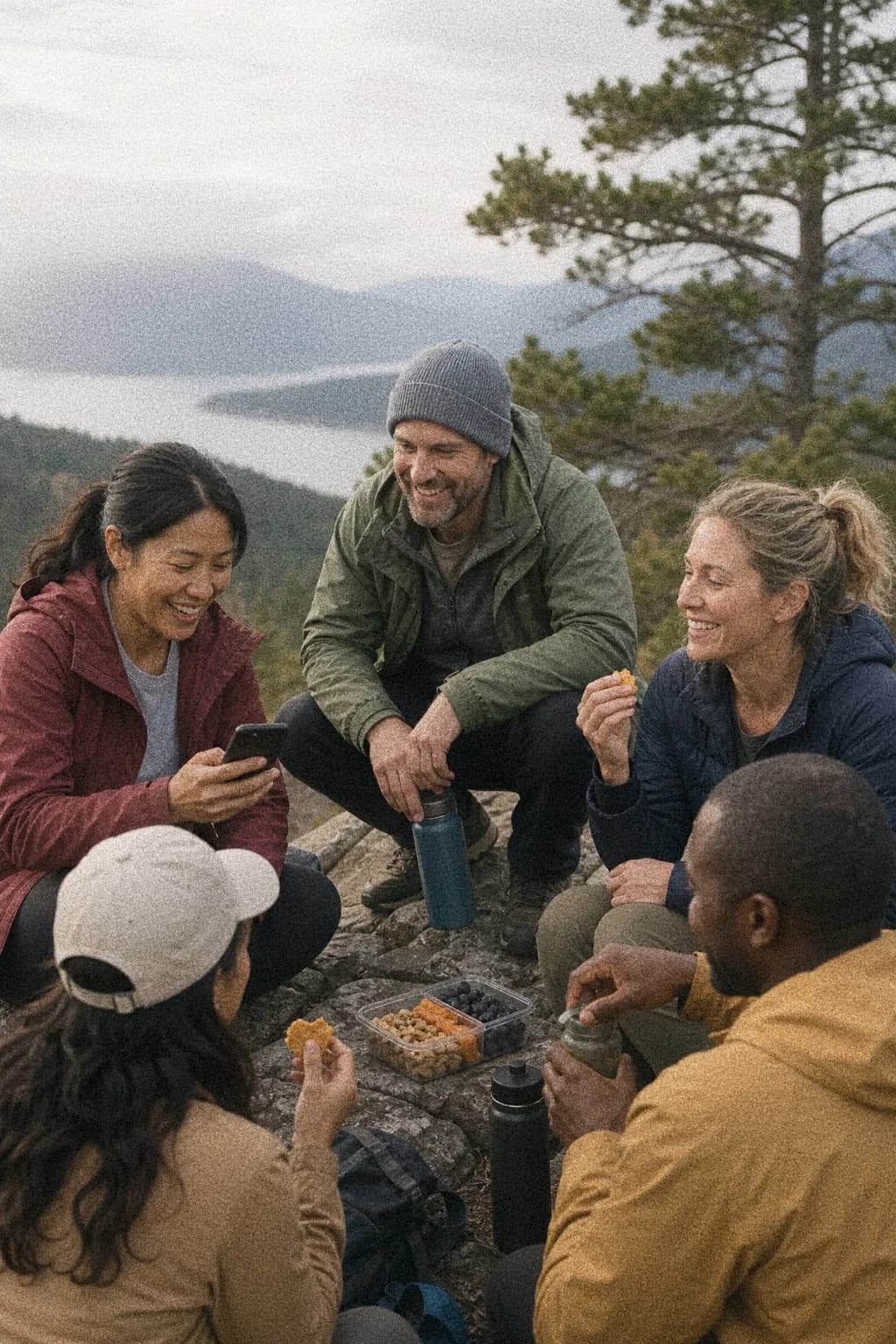 Friends sharing snacks and water after a weekend hike.