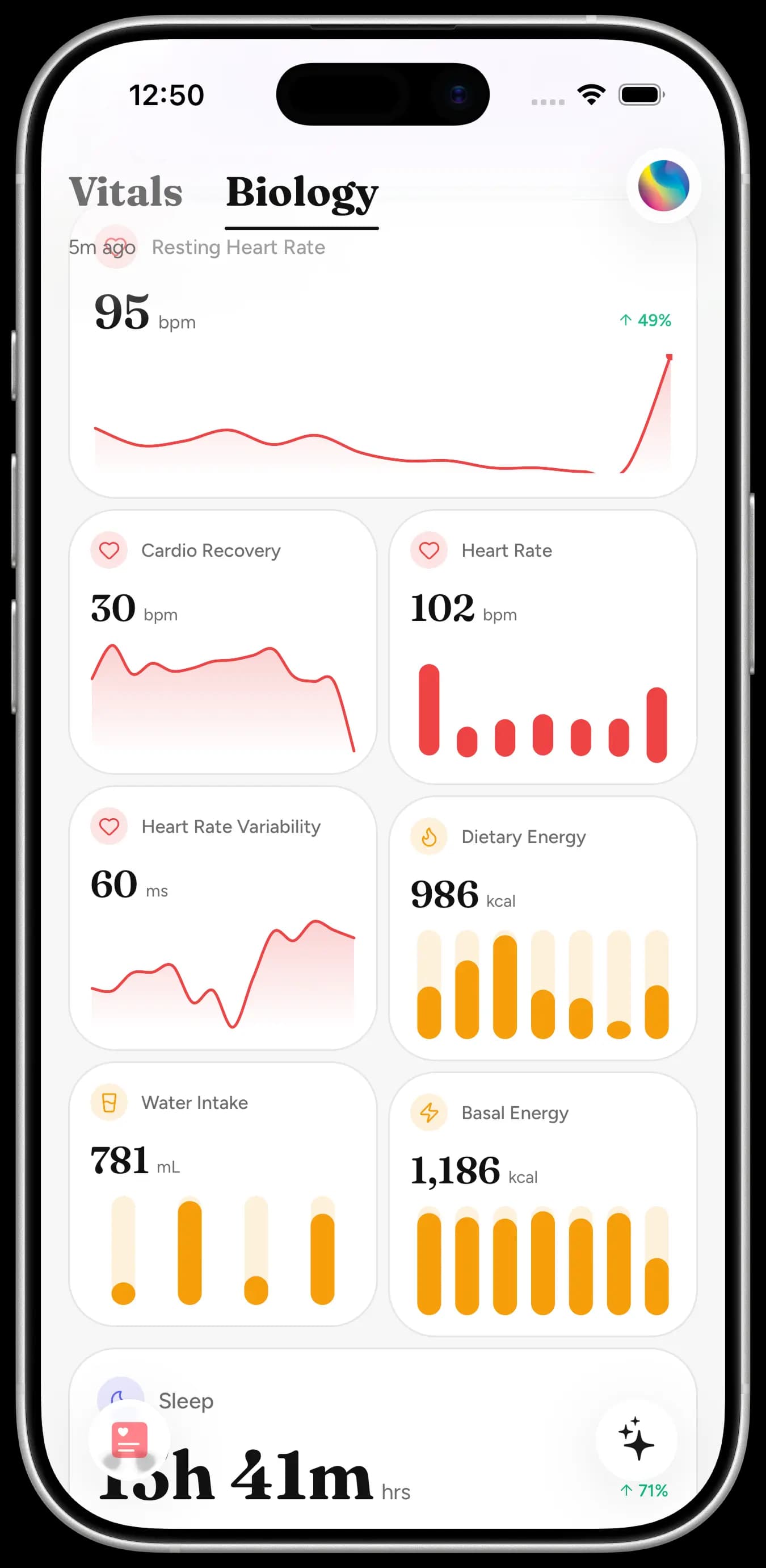 Vita showing daily vitals and metrics synced from Apple Health.