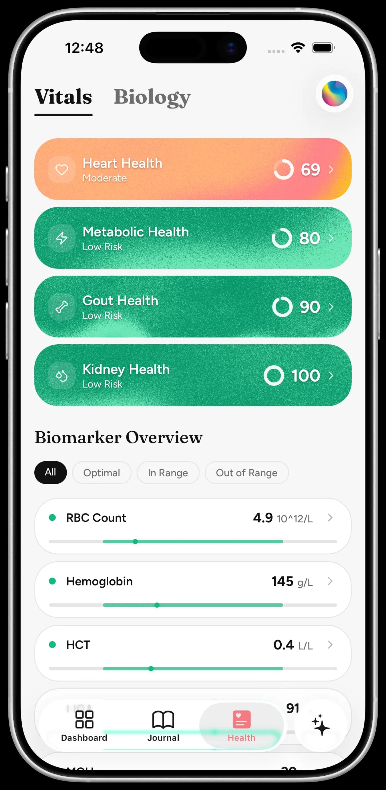 Vita showing biomarkers from an uploaded lab result, each beside its range.